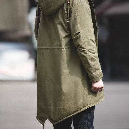 Maden Men's Thick Hooded M-51 Fishtail Cotton Coat Plus Velvet Parka Jacket Green Windbreaker Winter Autumn Men Trench Coat