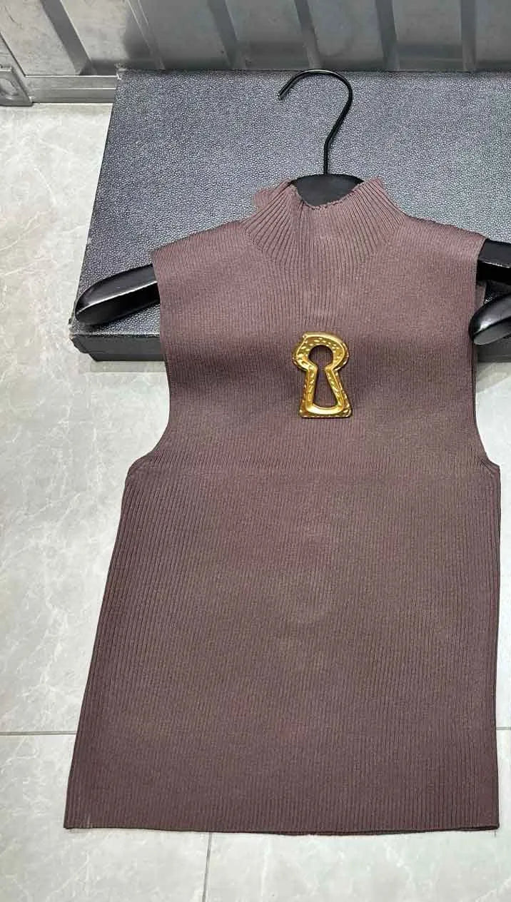 Spring Summer Solid Spliced Metal Buckle Slimming Knit Tshirt For Women Turtleneck Sleeveless Minimalist T Shirt Female Fashion