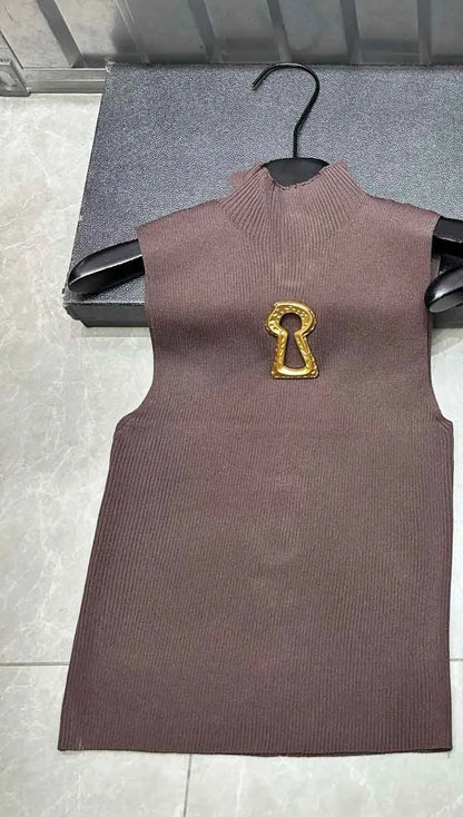 Spring Summer Solid Spliced Metal Buckle Slimming Knit Tshirt For Women Turtleneck Sleeveless Minimalist T Shirt Female Fashion
