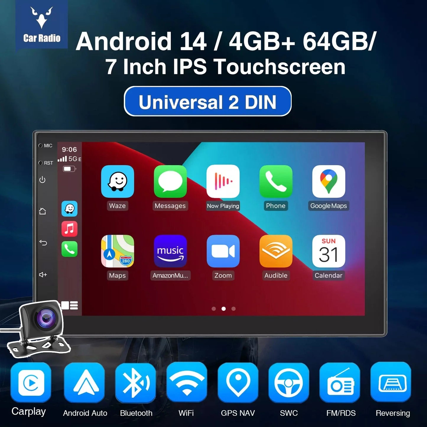 7"/9"/10“ 2 DIN Android 15 4+64G Car Stereo Multimedia Player Universal Carplay Android Auto GPS Navigation FM Radio Touchscreen