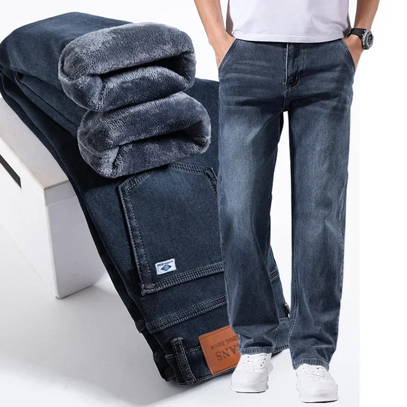 Elastic Business Jeans for Men's Fleece Thick Casual Warm Velvet Trousers Formal Office Daily Wear Plush Denim Trousers Men