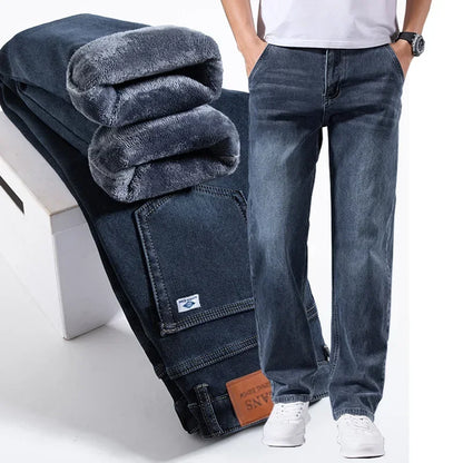 Elastic Business Jeans for Men's Fleece Thick Casual Warm Velvet Trousers Formal Office Daily Wear Plush Denim Trousers Men