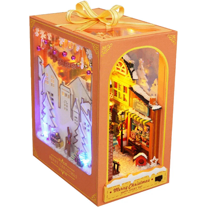 Book Nook Miniature DIY Hut Christmas cabin Houses Bookstand Doll House Creative Puzzle Bookshelf Insert With Touch Cover
