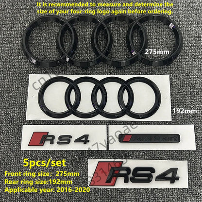 6/5Pcs 4Ring ABS Car Hood Front Grill Rear Trunk Emblem Stickers For Audi A3 A4 A5 A6 A7 Q2 Q3 Q5 Q8 S3 S4 S5 S6 RS3 RS4 RS5 RS6