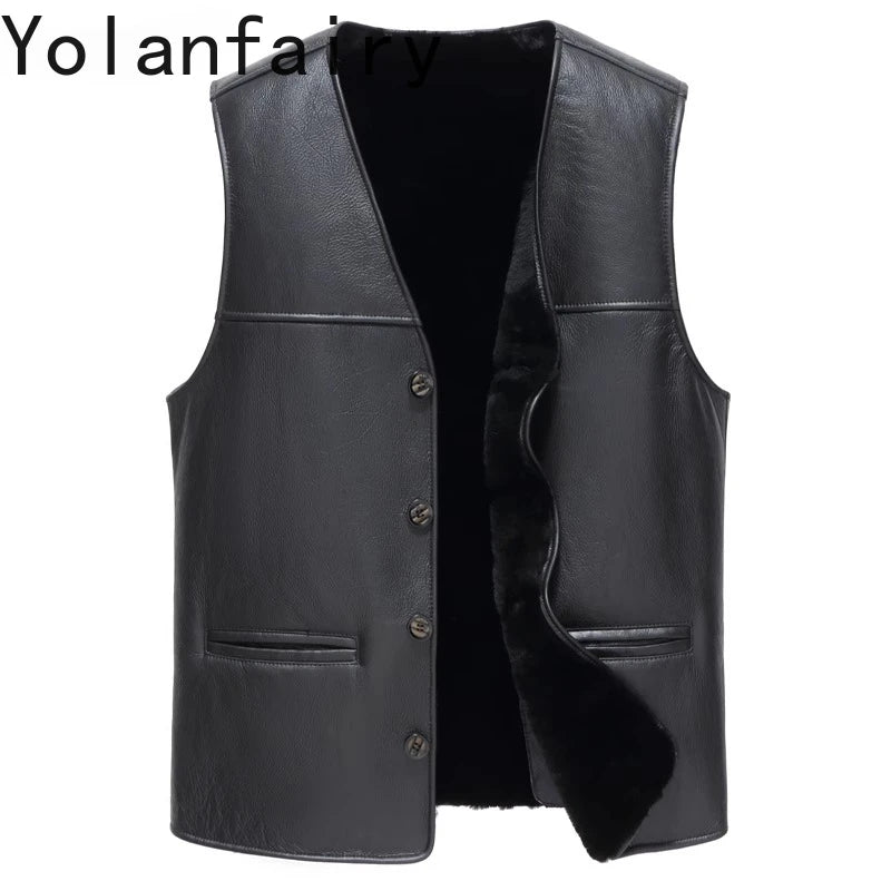 YOLANFAIRY Natural Sheepskin Leather Jacket Man Winter 2025 Sleeveless Real Wool Fur Coat Men's Short Black Vest Warm Waistcoat