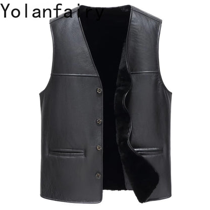 YOLANFAIRY Natural Sheepskin Leather Jacket Man Winter 2025 Sleeveless Real Wool Fur Coat Men's Short Black Vest Warm Waistcoat