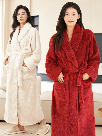 Thickened Long Coral Fleece Robe for Women Autumn Winter Plush Flannel Sleepwear Ankle-Length Men's Bathrobe Home Clothes