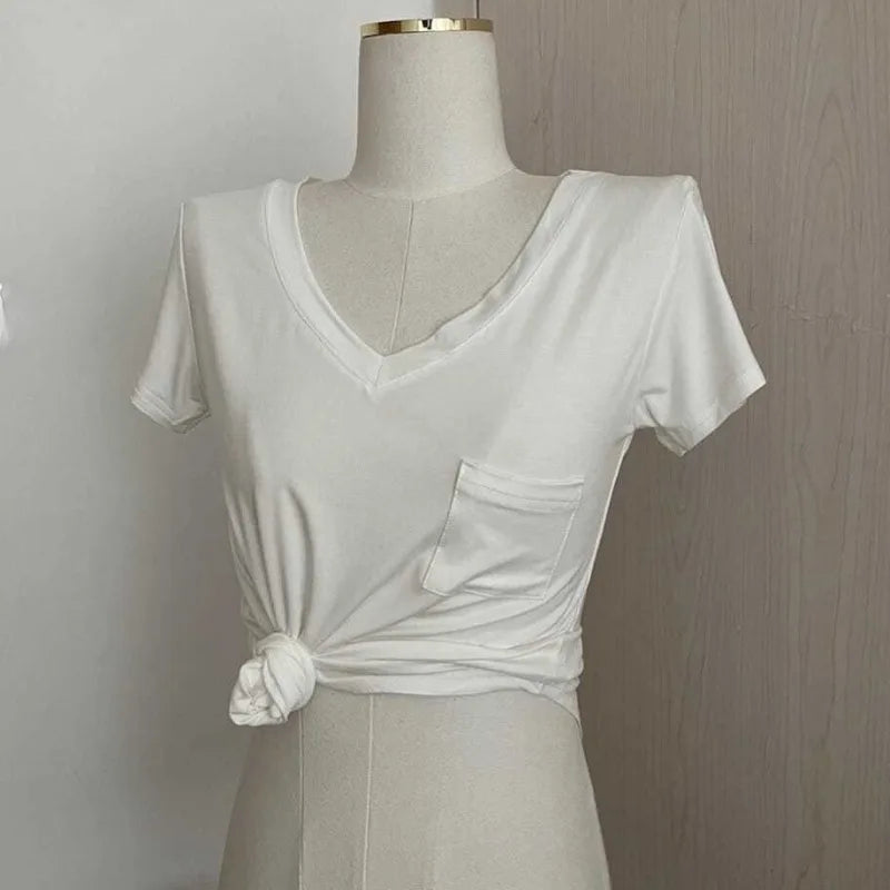 Women's Solid Color T-Shirt Summer Thin Fashion V-Neck Short Sleeve Loose Tees Casual Korean Soft Basic Top For Women