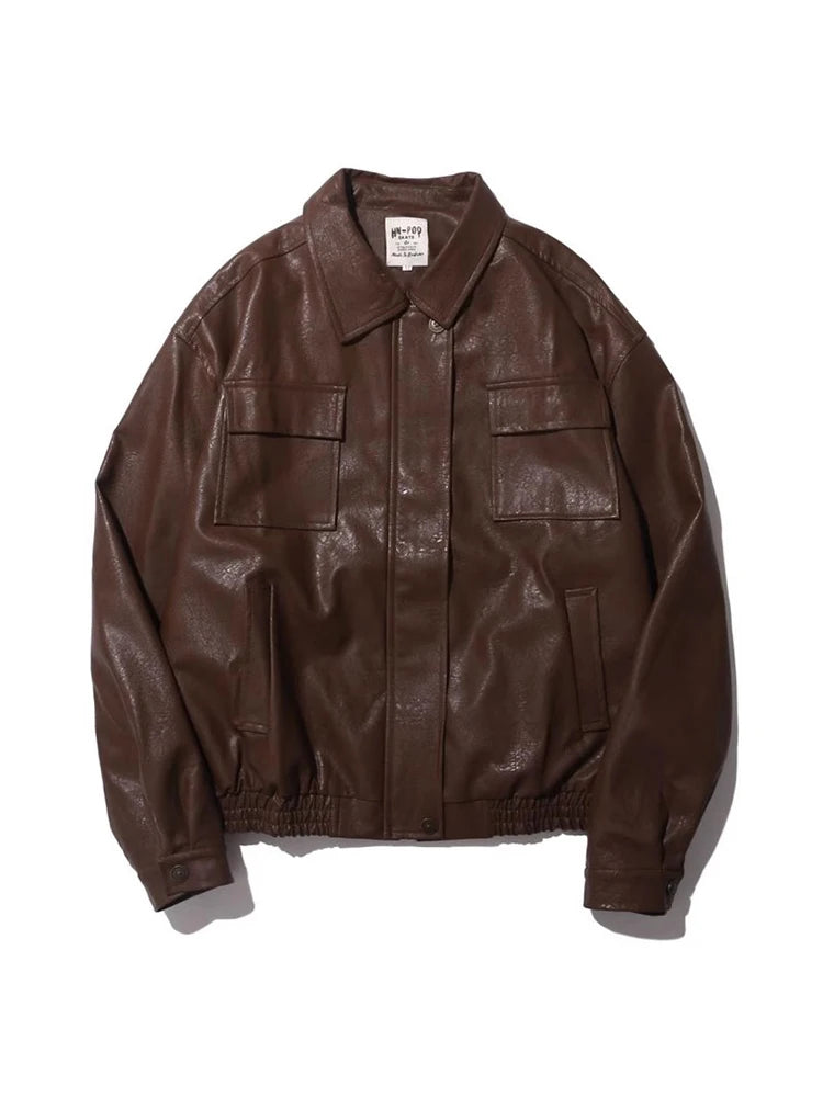 Mauroicardi Autumn Winter Vintage Oversized Cool Brown Black Soft Pu Leather Jacket Men Pockets Loose Casual Unisex Clothes 2023