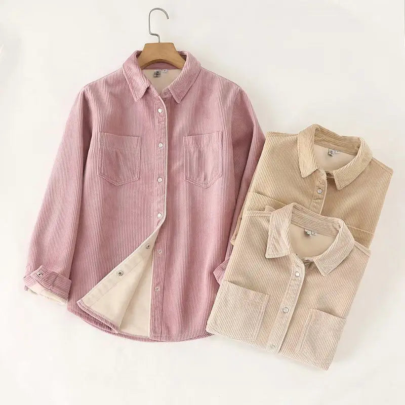 Autumn Winter Thickened Fleece Women's Long Sleeve Shirt Pure Color Corduroy Open Cardigan Loose Top Outerwear Jacket