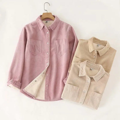 Autumn Winter Thickened Fleece Women's Long Sleeve Shirt Pure Color Corduroy Open Cardigan Loose Top Outerwear Jacket