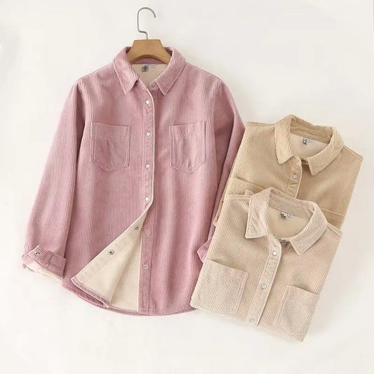 Autumn Winter Thickened Fleece Women's Long Sleeve Shirt Pure Color Corduroy Open Cardigan Loose Top Outerwear Jacket