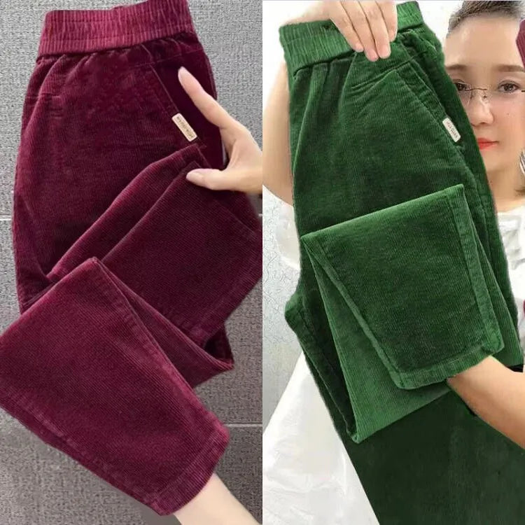 Autumn Winter Thickened Corduroy Casual Harlan Pants for Mom High Waist Loose Fit Straight Leg Casual Outerwear Polyester Fiber
