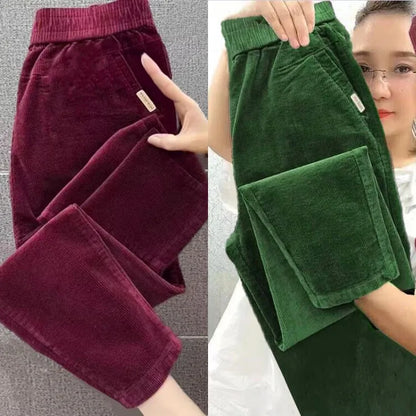 Autumn Winter Thickened Corduroy Casual Harlan Pants for Mom High Waist Loose Fit Straight Leg Casual Outerwear Polyester Fiber