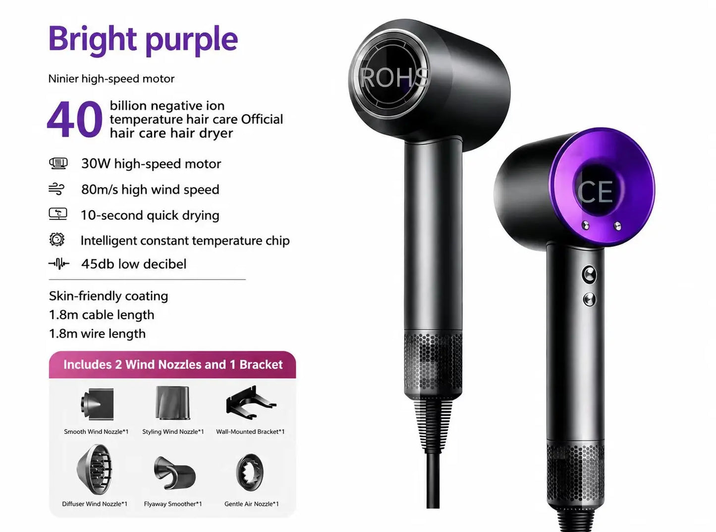 High Speed Hair Dryer 40M Negative Ions Constant Temp Fast Drying Low Noise Professional Salon Blow Dryer with Nozzles
