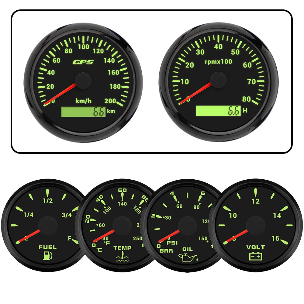 ELING 6 Gauge Set 85mm GPS Speedometer with Tachometer with 52mm Water Temp Oil Pressure Fuel Level Voltmeter with Backlight