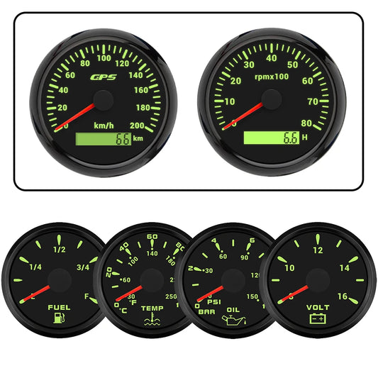 ELING 6 Gauge Set 85mm GPS Speedometer with Tachometer with 52mm Water Temp Oil Pressure Fuel Level Voltmeter with Backlight