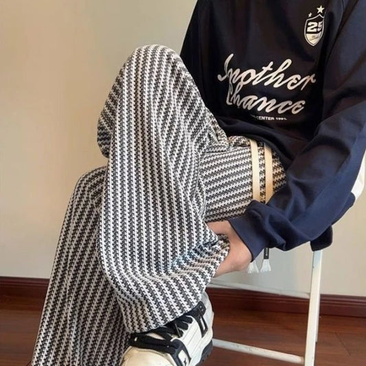 Soft Knit Casual Joggers for Men Plaid Style Stripe Design Loose Fit Sports Pants Warm for Fall Winter