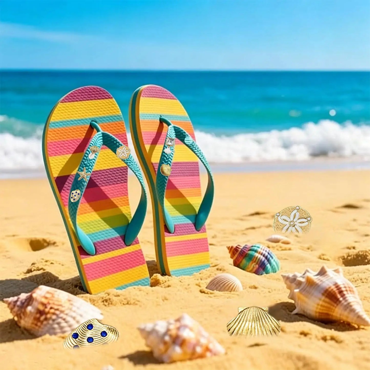 6pcs Sandal Charms for Slippers Gold Sea Theme Shell Shoe Decor Sandal Charm Set for Beach Trip Daily Travel Party Holiday