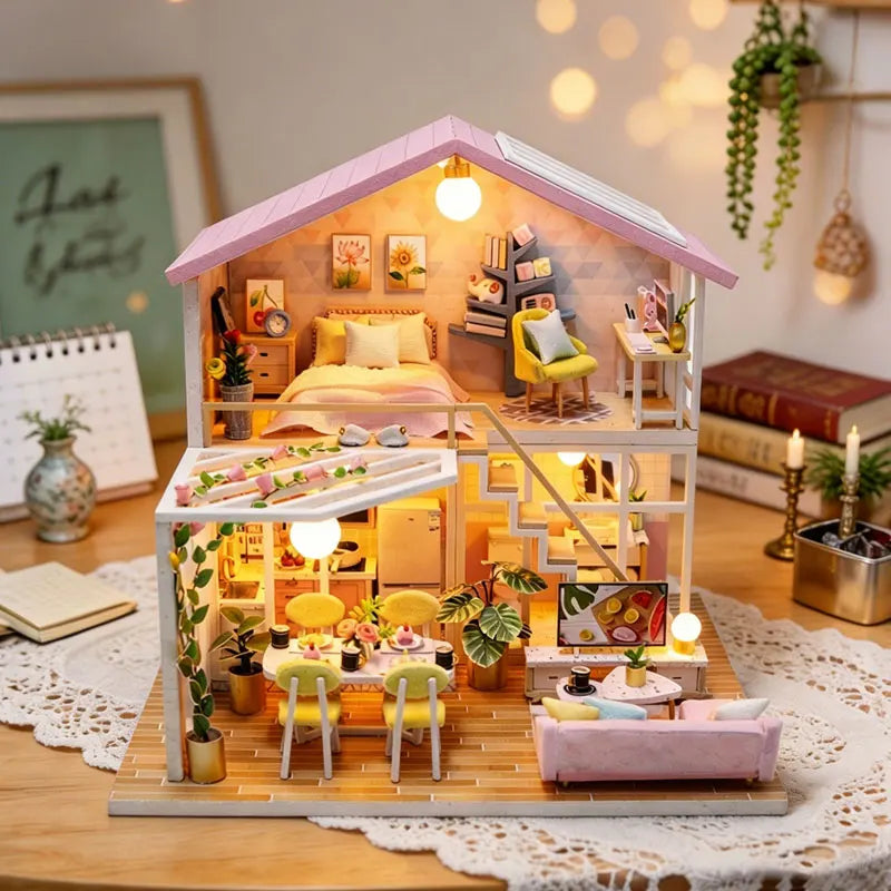 Zuuton Sweet Pink Villa DIY Miniature Doll House Kit with LED Light 3D Wooden Puzzle Building Kit with Furniture Gift Dollhouse
