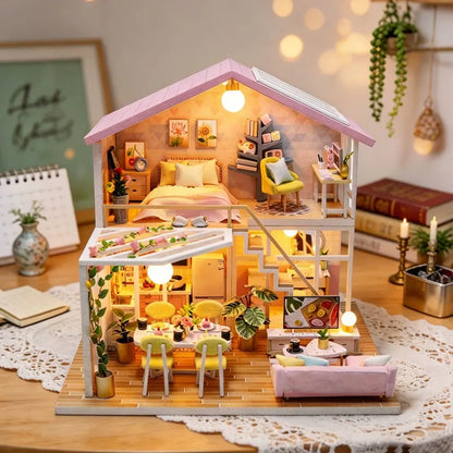 Zuuton Sweet Pink Villa DIY Miniature Doll House Kit with LED Light 3D Wooden Puzzle Building Kit with Furniture Gift Dollhouse