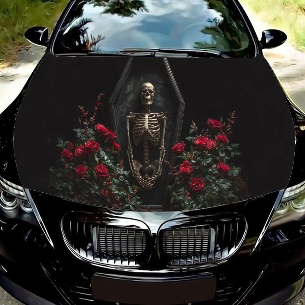 Skeleton in Coffin & Roses Car Vinyl Wrap, PVC Waterproof Car Hood Sticker, Self-Adhesive Scratch-Resistant Stickers for Engine
