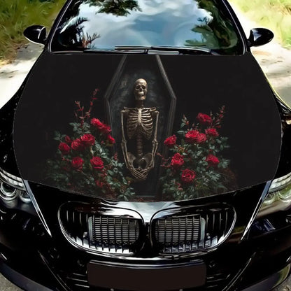Skeleton in Coffin & Roses Car Vinyl Wrap, PVC Waterproof Car Hood Sticker, Self-Adhesive Scratch-Resistant Stickers for Engine
