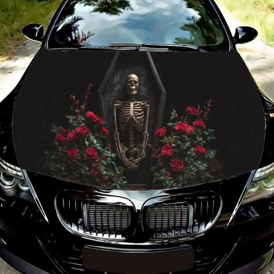 Skeleton in Coffin & Roses Car Vinyl Wrap, PVC Waterproof Car Hood Sticker, Self-Adhesive Scratch-Resistant Stickers for Engine