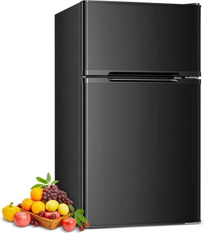 3.2 Cu.Ft Fridge with Freezer, Double Door Compact Fridge for Bedroom, Adjustable Thermostat, Energy