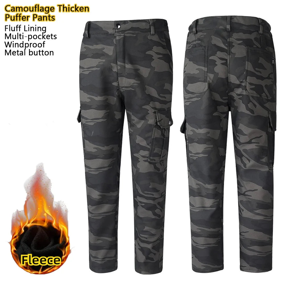 Men's Down Pants Winter Thicken Fleece Straight Leg Puffer Cargo Pants Warm Windproof Outdoor Warm Climbing Ski Trousers