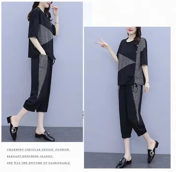 Summer New Style Women's Sporty Casual Short Sleeve TT Shirt Set Large Size Two-Piece Fashionable Korean Trendy Outfit