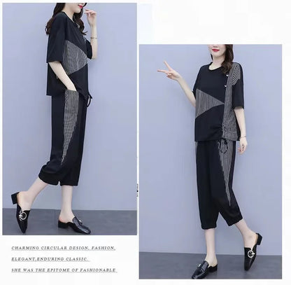 Summer New Style Women's Sporty Casual Short Sleeve TT Shirt Set Large Size Two-Piece Fashionable Korean Trendy Outfit