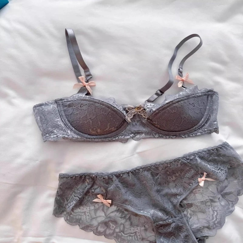 Sexy Lace Half Cup Bra Set Women Soft Underwire Gathered Thin Push Up Lightweight Exquisite Lace Comfort Lingerie Set 4 Colors