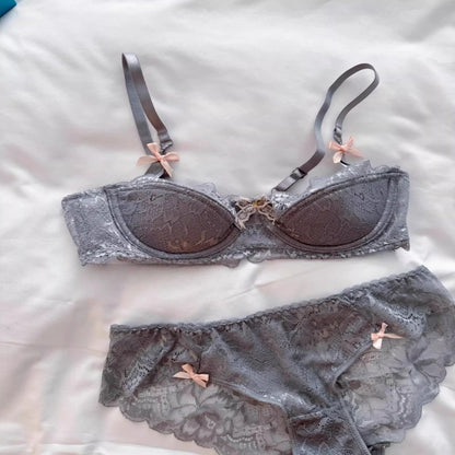 Sexy Lace Half Cup Bra Set Women Soft Underwire Gathered Thin Push Up Lightweight Exquisite Lace Comfort Lingerie Set 4 Colors
