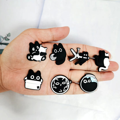 New 1-13pcs Cute Animal Black Cat PVC Garden Shoe Charms Sandal Buckle Boys Girls Cartoon Hole Slipper Accessories DIY Backpack