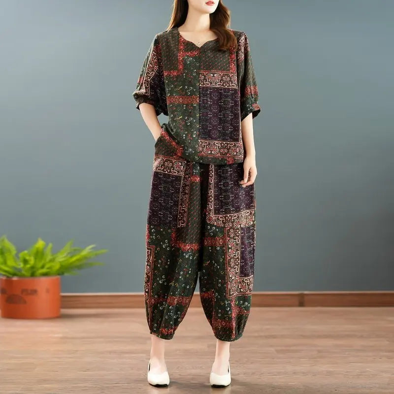 New Summer Floral Print Midi Sleeve Cotton Linen Loose Women's Two-Piece Set Ethnic Style Mom Clothes Comfortable Breathable