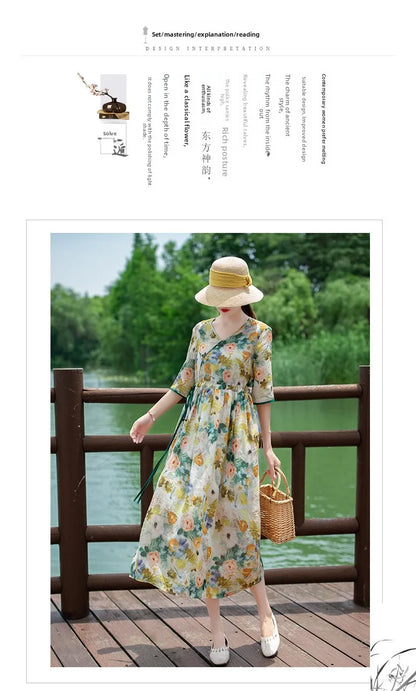 Women's Long Skirt Drawstring Waist Hemp Print A-Line Dress Korean Style Commute Flower Pattern V-Neck Summer Dress