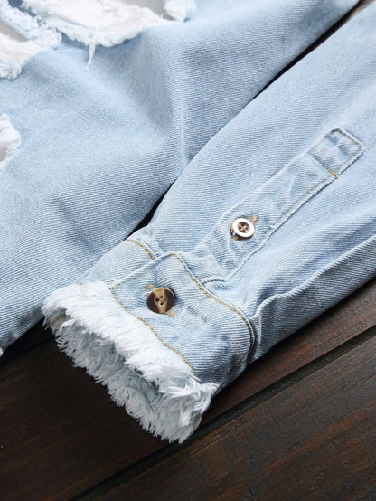 Men's Light Blue Ripped Distressed Washed Denim Long - Sleeve Shirt for Spring and Autumn