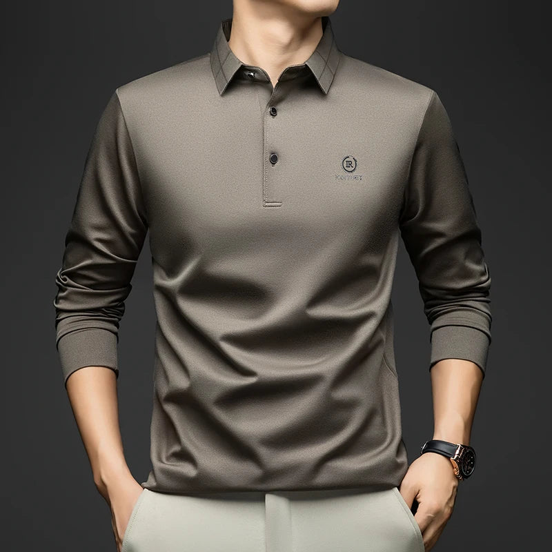 BROWON Polo Shirt for Man 2026 Spring Autumn Men Long Sleeve Polo Shirts Casual Loose Turndown Collar Wool Tops for Man Clothing