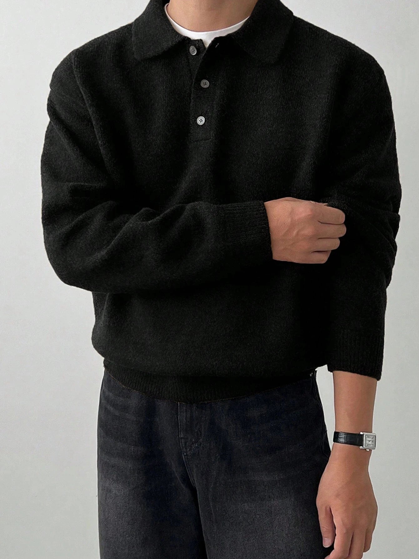 LVLAEA Solid Color Men Fall Winter Loungwear Shirt Long Sleeve Lapel Buttonup Collar Old Money Style Loose Warm Fashion Pullover