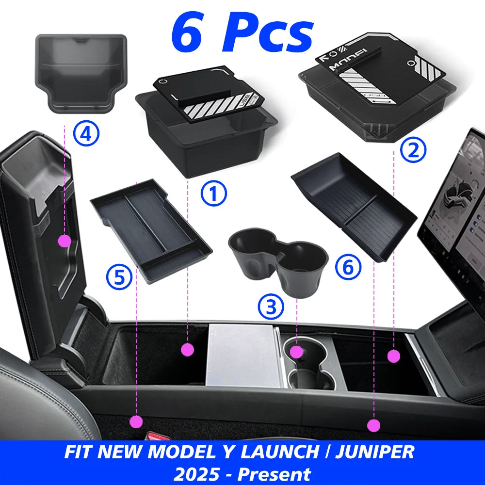 TESY Console & Armrest Storage Box For Tesla New Model YL Y Juniper Launch ABS Silicone Non-slip Mat Upper and Lower Watercup