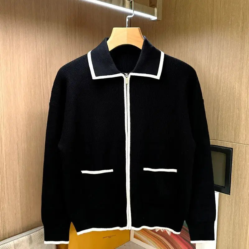 England Vintage Men Patchworked Knitted Sweater Shirts Long Sleeve Zipper Closure Pullovers Turn-down Collar Luxury Men Tops