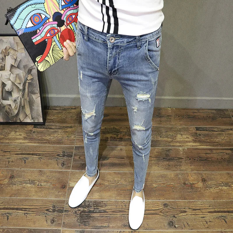 Light-colored Distressed Denim Cropped Trousers For Men Personality Slant Pocket Design, Embroidered Slim-fit Pencil Trousers