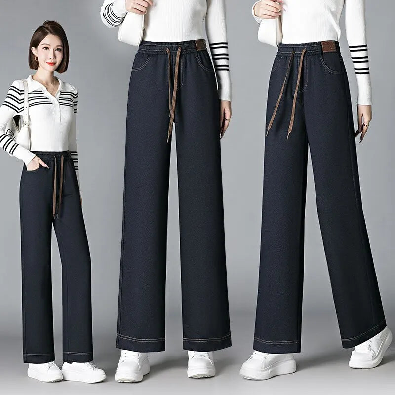 High Waist Fleece Lined Thick Wide Leg Jeans Women's Casual Straight Leg Pants Autumn Winter Loose Fit Comfortable Trousers