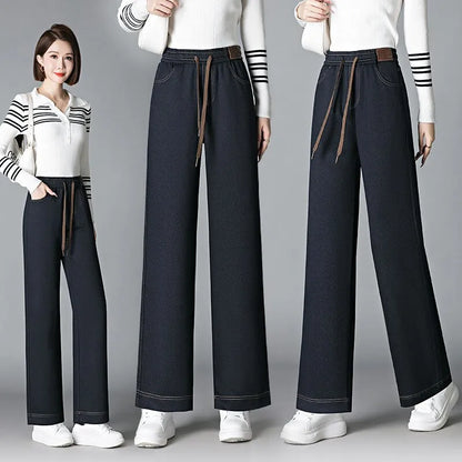 High Waist Fleece Lined Thick Wide Leg Jeans Women's Casual Straight Leg Pants Autumn Winter Loose Fit Comfortable Trousers