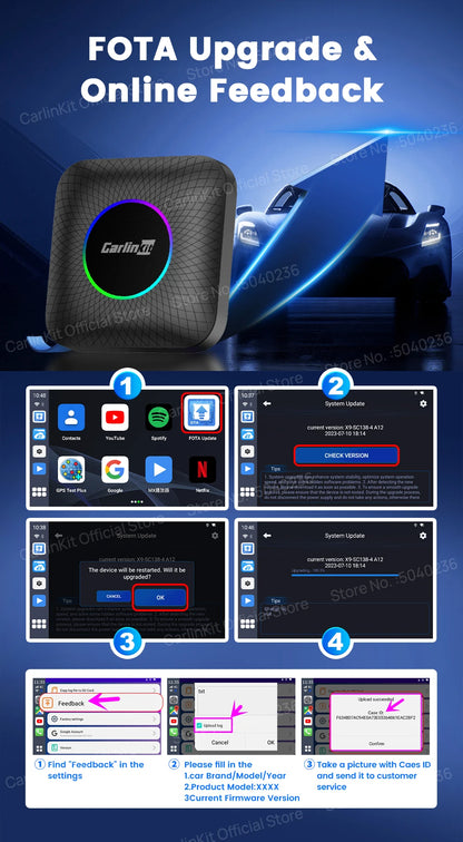 2026 CarlinKit CarPlay AI Box Android 13.0 QCM6225 8-Core Android Auto Wireless CarPlay Adapter 2.4+5GGPS 64G 128G FOTA Upgrade
