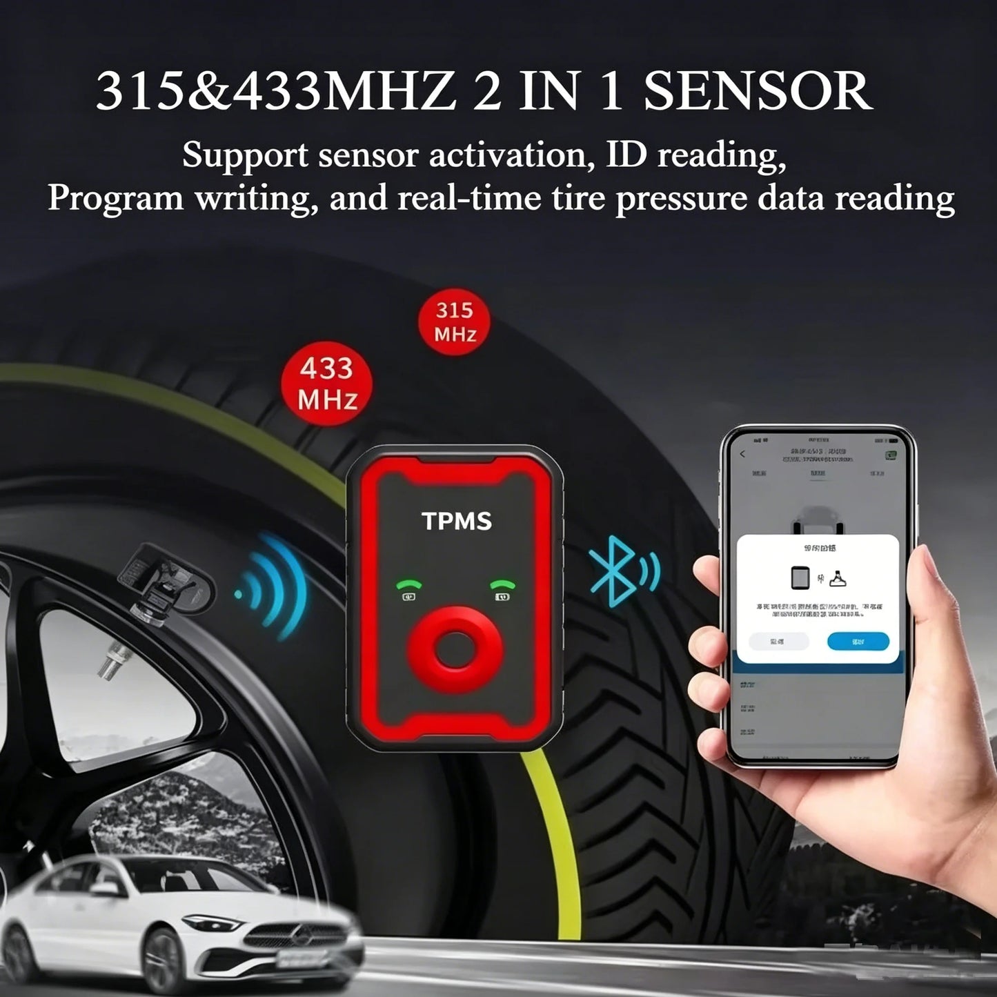 Programmable TPMS Sensors 2 in 1 433MHz+315MHz Program By Cell Phone APP Universal Tire Pressure Monitoring Sensor Metal Valve