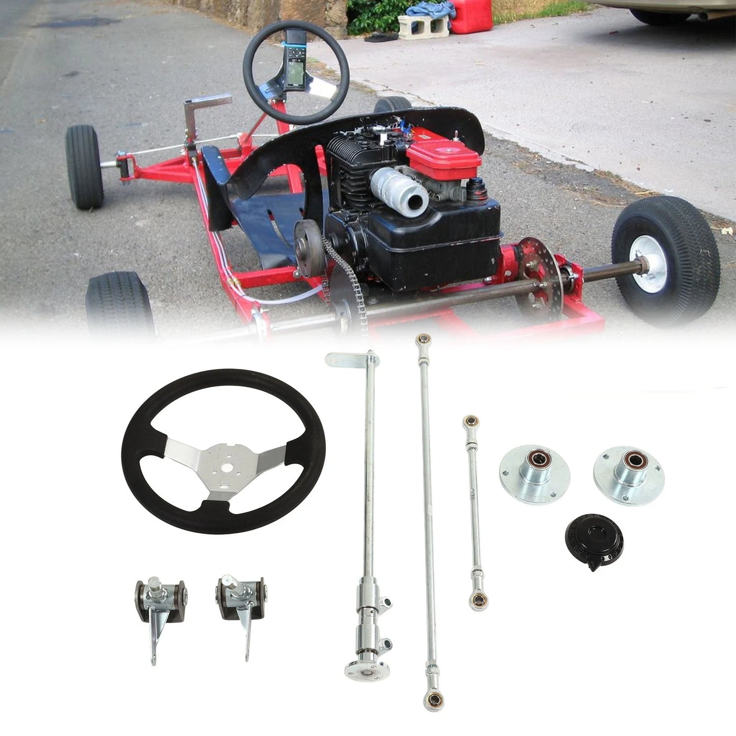 300mm Go Karts Steering Wheel Kit Tie Rod Ball Joint Gear Rack Shaft Kit for 100cc 125cc 140cc 150cc Go Kart Quad