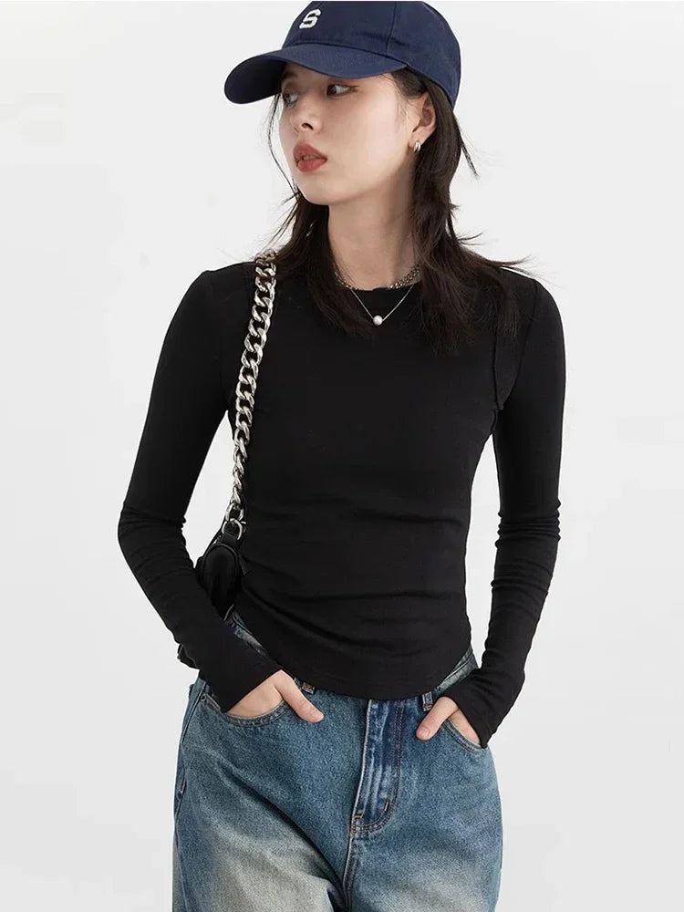 CHIC VEN Women T-Shirts Solid New Basic Heating Cashmere Round Neck Woman Tees Slim Fit Female Tops Spring Autumn 2024