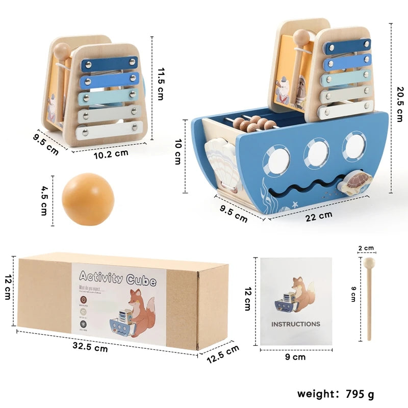 Baby Wooden Montessori Toys Cartoon Wooden Ship Multi-function Game Music Percussion Toy Sensory Educational Toys For  Newborns